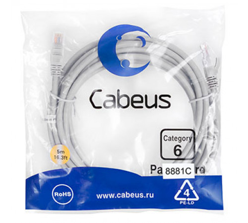 Cabeus PC-UTP-RJ45-Cat.6-5m-LSZH Патч-корд U/UTP, категория 6, 2xRJ45/8p8c, неэкранированный, серый, LSZH, 5м