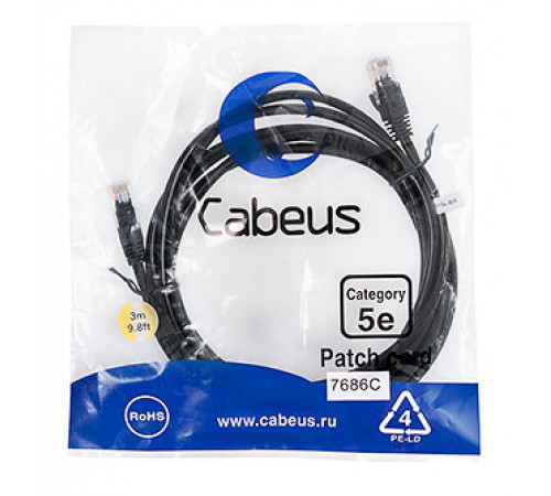 Cabeus PC-UTP-RJ45-Cat.5e-3m-BK-LSZH Патч-корд U/UTP, категория 5е, 2xRJ45/8p8c, неэкранированный, черный, LSZH, 3м