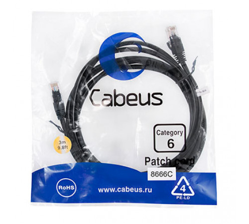 Cabeus PC-UTP-RJ45-Cat.6-3m-BK Патч-корд U/UTP, категория 6, 2xRJ45/8p8c, неэкранированный, черный, PVC, 3м