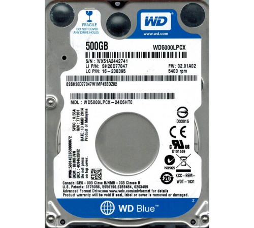 Жесткий диск HDD, 2.5", 500 Гб, SATA II, Western Digital, WD Blue, 8 Мб, 5400 rpm