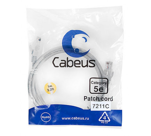 Cabeus PC-UTP-RJ45-Cat.5e-1m Патч-корд U/UTP, категория 5е, 2xRJ45/8p8c, неэкранированный, серый,PVC