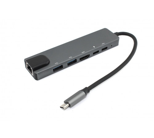 Адаптер Type C на HDMI, USB 3.0*2 + RJ45 + Type C*2 серый