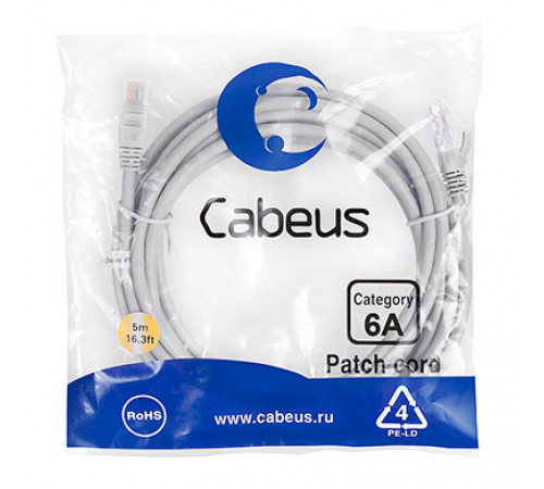 Cabeus PC-UTP-RJ45-Cat.6a-5m-LSZH Патч-корд U/UTP, категория 6а (10G), 2xRJ45/8p8c, неэкранированный, серый, LSZH, 5м