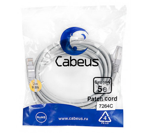 Cabeus PC-FTP-RJ45-Cat.5e-3m Патч-корд F/UTP, категория 5е, 2xRJ45/8p8c, экранированный, серый, PVC, 3м