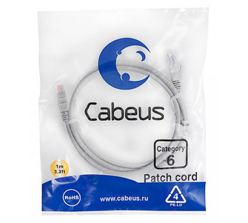 Cabeus PC-UTP-RJ45-Cat.6-1m Патч-корд U/UTP, категория 6, 2xRJ45/8p8c, неэкранированный, серый, PVC, 1м