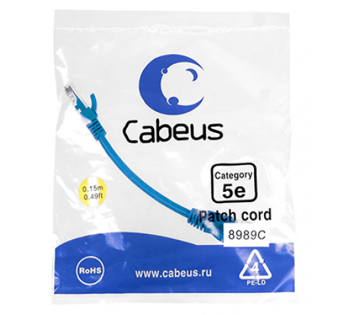 Cabeus PC-UTP-RJ45-Cat.5e-0.15m-BL-LSZH Патч-корд U/UTP, категория 5е, 2xRJ45/8p8c, неэкранированный, синий, LSZH, 0.15м