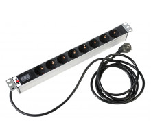 Блок розеток Rem-16 с амперметром., 8 Shuko, 16A, алюм., 19", шнур 3 м R-16-8S-AM-440-3