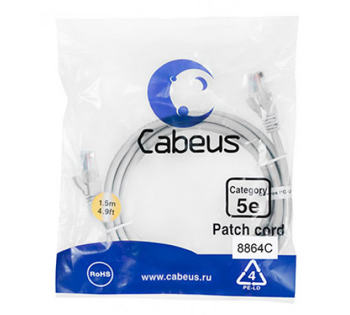 Cabeus PC-UTP-RJ45-Cat.5e-1.5m-LSZH Патч-корд U/UTP, категория 5е, 2xRJ45/8p8c, неэкранированный, серый, LSZH, 1.5м