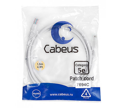 Cabeus PC-UTP-RJ45-Cat.5e-1.5m-WH-LSZH Патч-корд U/UTP, категория 5е, 2xRJ45/8p8c, неэкранированный, белый, LSZH, 1.5м