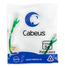 Cabeus PC-UTP-RJ45-Cat.5e-0.3m-GN Патч-корд U/UTP, категория 5е, 2xRJ45/8p8c, неэкранированный, зеленый, PVC, 0.3м