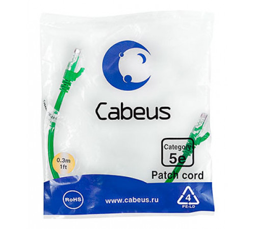 Cabeus PC-UTP-RJ45-Cat.5e-0.3m-GN Патч-корд U/UTP, категория 5е, 2xRJ45/8p8c, неэкранированный, зеленый, PVC, 0.3м