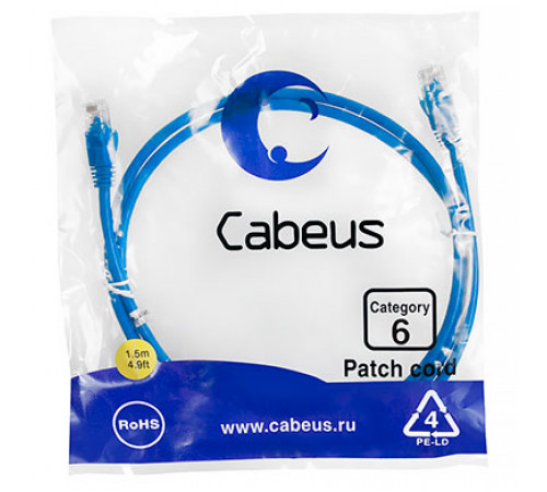 Cabeus PC-UTP-RJ45-Cat.6-1.5m-BL Патч-корд U/UTP, категория 6, 2xRJ45/8p8c, неэкранированный, синий, PVC, 1.5м