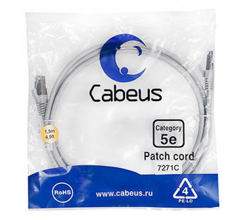 Cabeus PC-FTP-RJ45-Cat.5e-1.5m Патч-корд F/UTP, категория 5е, 2xRJ45/8p8c, экранированный, серый, PVC, 1.5м