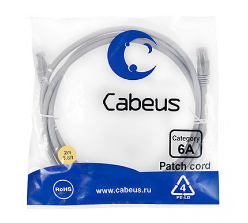 Cabeus PC-UTP-RJ45-Cat.6a-2m-LSZH Патч-корд U/UTP, категория 6а (10G), 2xRJ45/8p8c, неэкранированный, серый, LSZH, 2м