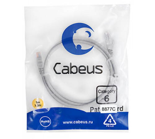 Cabeus PC-UTP-RJ45-Cat.6-1m-LSZH Патч-корд U/UTP, категория 6, 2xRJ45/8p8c, неэкранированный, серый, LSZH, 1м