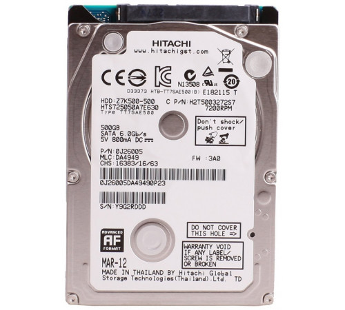 Жесткий диск HDD, 2.5", 500 Гб, SATA III, Hitachi, Travelstar, 32 Мб, 7200 rpm, HTS725050A7E630