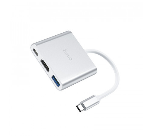 Переходник хаб HOCO HB14 Easy use Type-C adapter (Type-C to USB3.0+HDMI+PD), серебро