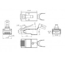 PLUG-8P8C-UV-C6-TW-SH-10 Разъем RJ-45(8P8C), кат6 (50 µ"/ 50 микродюймов), экрани, универс(для одножил/многожил кабеля), для толстых жил 1.35-1.5 мм(с
