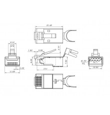 PLUG-8P8C-UV-C6-TW-SH-10 Разъем RJ-45(8P8C), кат6 (50 µ"/ 50 микродюймов), экрани, универс(для одножил/многожил кабеля), для толстых жил 1.35-1.5 мм(с