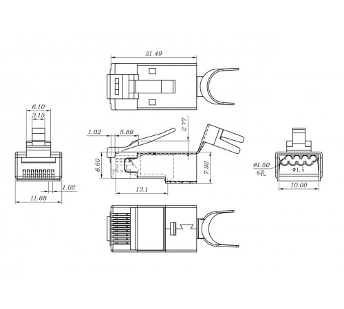 PLUG-8P8C-UV-C6-TW-SH-10 Разъем RJ-45(8P8C), кат6 (50 µ"/ 50 микродюймов), экрани, универс(для одножил/многожил кабеля), для толстых жил 1.35-1.5 мм(с