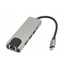 Адаптер Type C на HDMI, USB 3.0*2 + RJ45 + Type C серебро