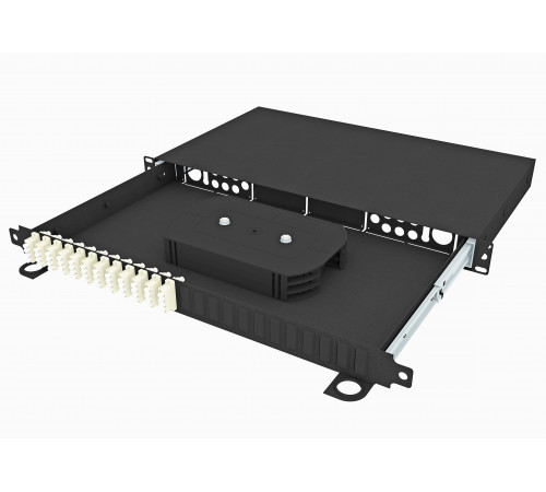 Кросс оптический стоечный выдвижной 19", 48 LC/UPC адаптеров, многомодовый (50/125), 1U, черный, укомплектованный, TopLAN