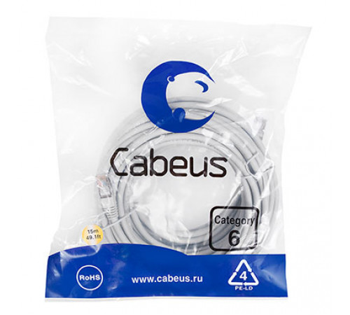 Cabeus PC-FTP-RJ45-Cat.6-15m-LSZH Патч-корд F/UTP, категория 6, 2xRJ45/8p8c, экранированный, серый, LSZH, 15м