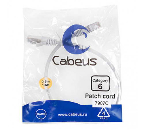 Cabeus PC-FTP-RJ45-Cat.6-0.5m-LSZH Патч-корд F/UTP, категория 6, 2xRJ45/8p8c, экранированный, серый, LSZH, 0.5м