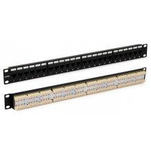 PP3-19-24-8P8C-C6-110D Патч-панель 19", 1U, 24 порта RJ-45, категория 6, Dual IDC, ROHS, цвет черный (задний кабельный организатор в комплекте) Hyperl