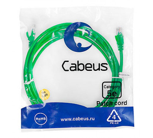 Cabeus PC-UTP-RJ45-Cat.5e-3m-GN-LSZH Патч-корд U/UTP, категория 5е, 2xRJ45/8p8c, неэкранированный, зеленый, LSZH, 3м