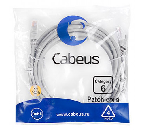 Cabeus PC-UTP-RJ45-Cat.6-5m Патч-корд U/UTP, категория 6, 2xRJ45/8p8c, неэкранированный, серый, PVC, 5м