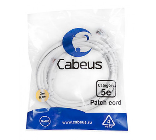 Cabeus PC-UTP-RJ45-Cat.5e-3m-WH-LSZH Патч-корд U/UTP, категория 5е, 2xRJ45/8p8c, неэкранированный, белый, LSZH, 3м