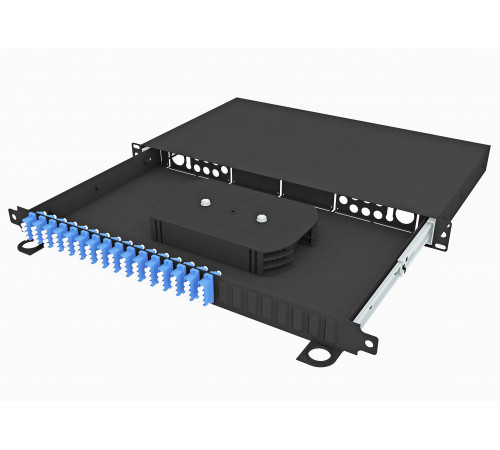 Кросс оптический стоечный выдвижной 19", 64 LC/UPC адаптеров, одномодовый, 1U, черный, укомплектованный, TopLAN