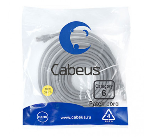 Cabeus PC-UTP-RJ45-Cat.6-10m Патч-корд U/UTP, категория 6, 2xRJ45/8p8c, неэкранированный, серый, PVC, 10м