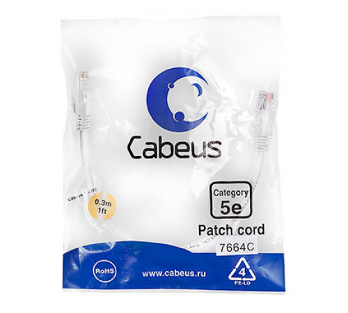 Cabeus PC-UTP-RJ45-Cat.5e-0.3m-WH-LSZH Патч-корд U/UTP, категория 5е, 2xRJ45/8p8c, неэкранированный, белый, LSZH, 0.3м