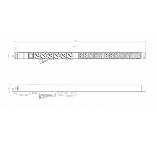 SHE-6SH-12IEC-S-2.5AIEC Блок розеток, вертикальный, 6 розеток Schuko, 12 розеток IEC320 C13, выключатель с подсветкой, кабель питания 2.5м (3х1.5 мм2)