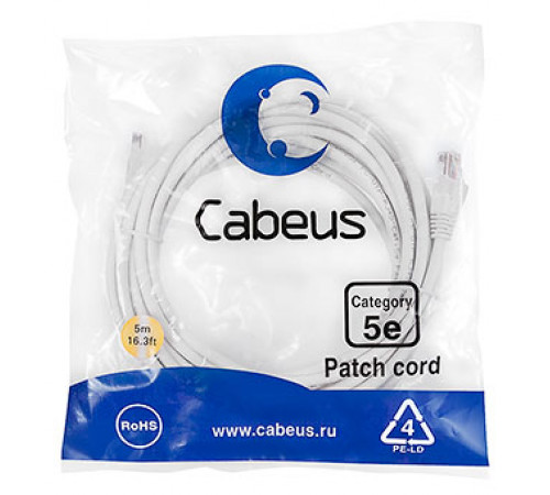 Cabeus PC-UTP-RJ45-Cat.5e-5m-WH Патч-корд U/UTP, категория 5е, 2xRJ45/8p8c, неэкранированный, белый, PVC, 5м