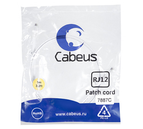 Cabeus PC-TEL-RJ12-1m Патч-корд телефонный 2х6р4с, белый, PVC, 1 м