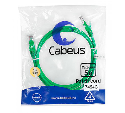 Cabeus PC-UTP-RJ45-Cat.5e-1m-GN-LSZH Патч-корд U/UTP, категория 5е, 2xRJ45/8p8c, неэкранированный, зеленый, LSZH, 1м