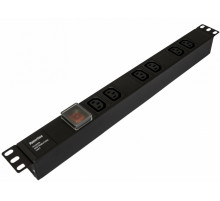 SHE19-6IEC-S-IEC Блок розеток для 19'; шкафов, горизонтальный, 6 розеток IEC320 C13, выключатель с подсветкой, без кабеля питания, входной разъем IEC3