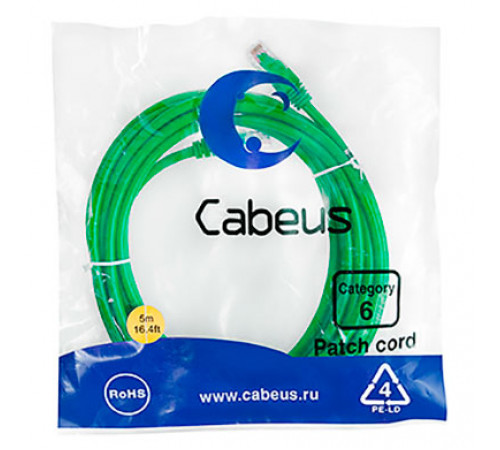 Cabeus PC-UTP-RJ45-Cat.6-5m-GN Патч-корд U/UTP, категория 6, 2xRJ45/8p8c, неэкранированный, зеленый, PVC, 5м