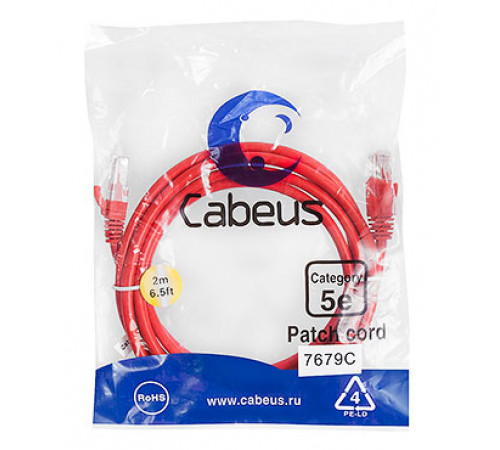 Cabeus PC-UTP-RJ45-Cat.5e-2m-RD Патч-корд U/UTP, категория 5е, 2xRJ45/8p8c, неэкранированный, красный, PVC, 2м