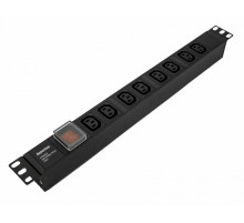 SHE19-8IEC-S-IEC Блок розеток для 19'; шкафов, горизонтальный, 8 розеток IEC320 C13, выключатель с подсветкой, без кабеля питания, входной разъем IEC3