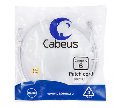 Cabeus PC-UTP-RJ45-Cat.6-1.5m-WH Патч-корд U/UTP, категория 6, 2xRJ45/8p8c, неэкранированный, белый, PVC, 1.5м