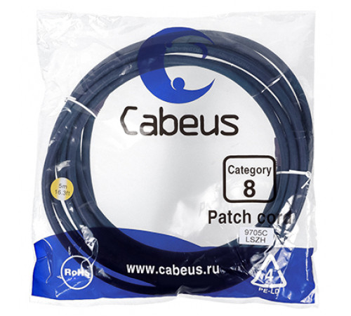 Cabeus PC-SSTP-RJ45-Cat.8-5m-LSZH Патч-корд S/FTP, категория 8 (40G, 2000 MHz), 2xRJ45/8p8c, экранированный, синий, LSZH, 5 м