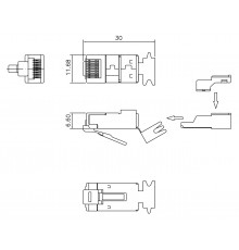 PLUG-8P8C-UV-C6A-SH-50 Разъем RJ-45(8P8C) под витую пару, 10Gb категория 6A (50 µ';/ 50 микродюймов), экранированный, универсальный (для одножильного