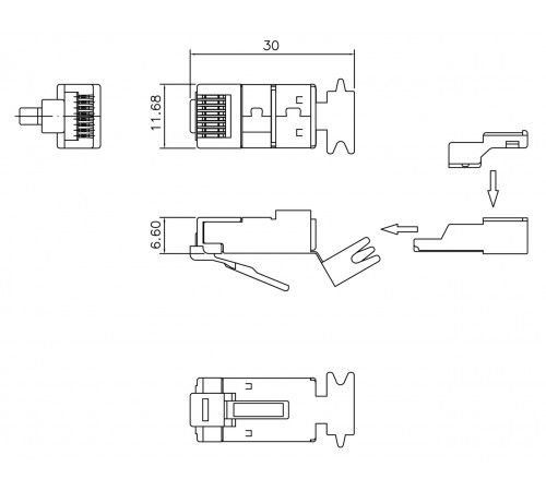 PLUG-8P8C-UV-C6A-SH-50 Разъем RJ-45(8P8C) под витую пару, 10Gb категория 6A (50 µ';/ 50 микродюймов), экранированный, универсальный (для одножильного