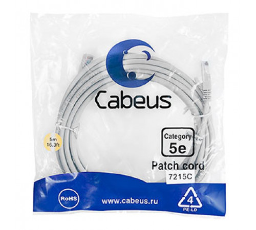 Cabeus PC-UTP-RJ45-Cat.5e-5m Патч-корд U/UTP, категория 5е, 2xRJ45/8p8c, неэкранированный, серый, PVC, 5м