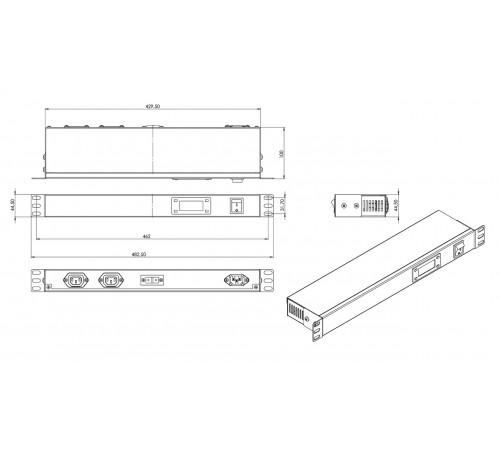 TMPY2-230V-RAL7035 Микропроцессорная контрольная панель,1U, для всех шкафов 19'', подключение до двух устройств, датчик температуры, кабель Hyperline