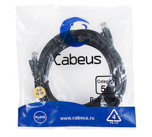 Cabeus PC-UTP-RJ45-Cat.5e-5m-BK-LSZH Патч-корд U/UTP, категория 5е, 2xRJ45/8p8c, неэкранированный, черный, LSZH, 5м